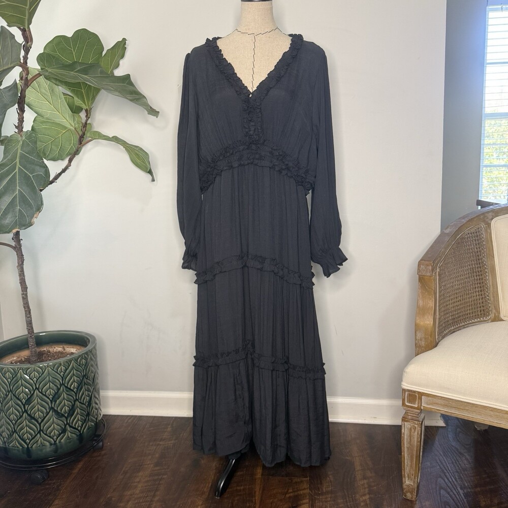 Chicsoul 3x Tiered Ruffle Maxi Black  Dress Long Puff Sleeves Elegant Romantic